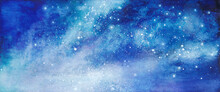 水彩で描いた青色の星空の風景イラスト	