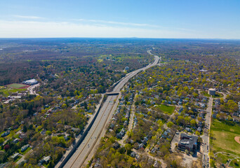 Wall Mural - Arlington Heights suburban landscape and Massachusetts Route 2 aerial view in spring in historic town of Arlington, Massachusetts MA, USA. 