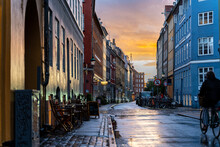 Beautiful Sunset On A European Narrow Street In Copenhagen, Denmark 