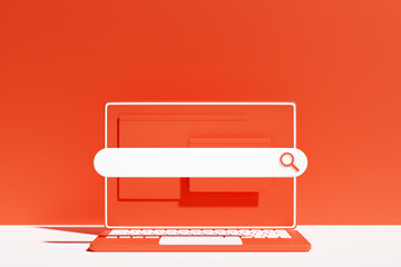 Fototapete - 3D colorful illustration of a modern laptop with an information search bar on a  rd background. 