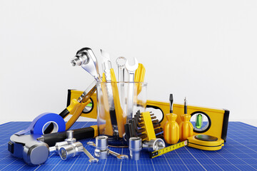 Wall Mural - Various working tools for construction, repair. Screwdriver, level, electrical tape, hammer, knife, scissors, wrench, etc. 3D illustration