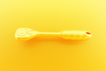 3D illustration of a  yellow  ratchet wrench  hand tool isolated on a monocrome background. 3D render and illustration of repair and installation tool