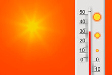 Celsius Scale Thermometer Shows Plus 32 Degrees . Yellow Sun In Red Sky. Summer Heat