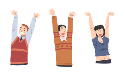 Sticker - Happy Young People Character with Their Hands Raised Up Vector Set