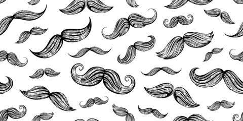 Vintage moustaches seamless hand drawn pattern. Retro classic french, british face style texture background. Line sketch, hipster element. Wallpaper, wrapping paper, fabric print vector illustration