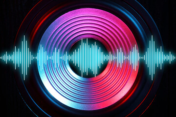 Modern loudspeaker with sound wave on black background, closeup