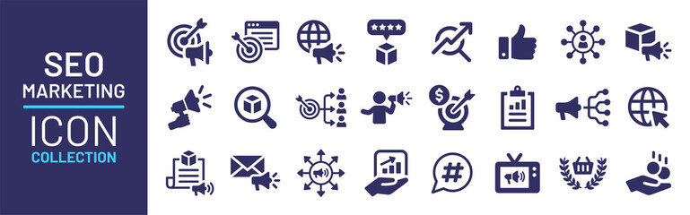 Poster - SEO marketing banner. Search Engine Optimization icon collection vector illustration.