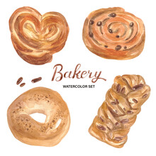 Sweet Bakery Watercolor Set. French Pastries. Maple Pecan, Bagel, Raisin Bun, Palmier.