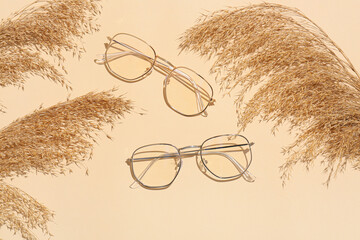 Sticker - Stylish eyeglasses and reed flowers on beige background