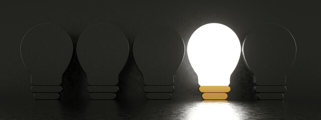 Wall Mural - light bulbs over black background, concept of success idea, 3d render, panoramic image