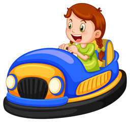 Wall Mural - A girl driving bumper car on white background