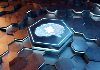 Aufkleber - Brain icon concept engraved on metal hexagonal pedestral background. Artificial intelligence symbol glowing on abstract digital surface. 3d rendering