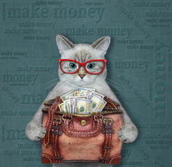 Wall Mural - An ashen cat in glasses holds a leather bag full of us dollars. Make money.