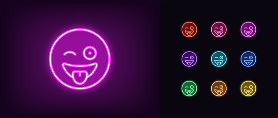 Poster - Outline neon crazy emoji icon. Glowing neon silly emoticon with tongue and wink, wacky face pictogram. Fool emoji