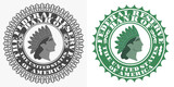 Fototapeta  - Vector fictional seals of the financial federal system and US banks. The head of a native Indian and a crown of bird feathers