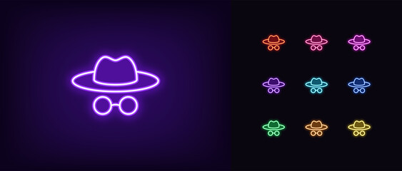 Poster - Outline neon incognito man icon. Glowing neon foreign agent and spy with hat and glasses, detective pictogram. Anonym face