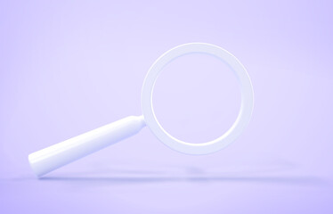 Poster - White magnify with rim and handle isolated on pastel lavender background. Search icon, science tool, optical device for research, exploration. Minimal design element, 3d render illustration