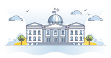 Government Building As Classical Official Parliament House Outline Concept. Country Representatives Institution Object With Library, Museum, School Or Courthouse Architecture Type Vector Illustration.
