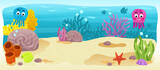 Fototapeta Dinusie - Cartoon ocean and the mermaid underwater swimming