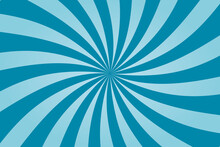 Blue Twisted Sunburst Background. Vintage Swirling Pattern Wallpaper. Vortex Or Vertigo Concept. Radial Spiral Stripes Backdrop. Supernova. Comic Design Element. Vector Illustration, Flat, Clip Art.