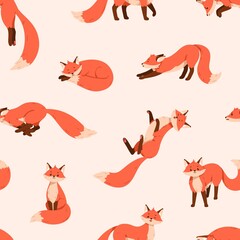 Poster - Funny foxes pattern. Seamless background with cute wild animal. Repeating foxy print on endless texture. Repeatable printable backdrop design. Colored flat vector illustration for textile, decoration