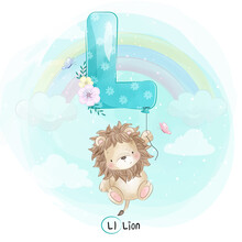 Cute Lion With Alphabet L Balloon Illustration