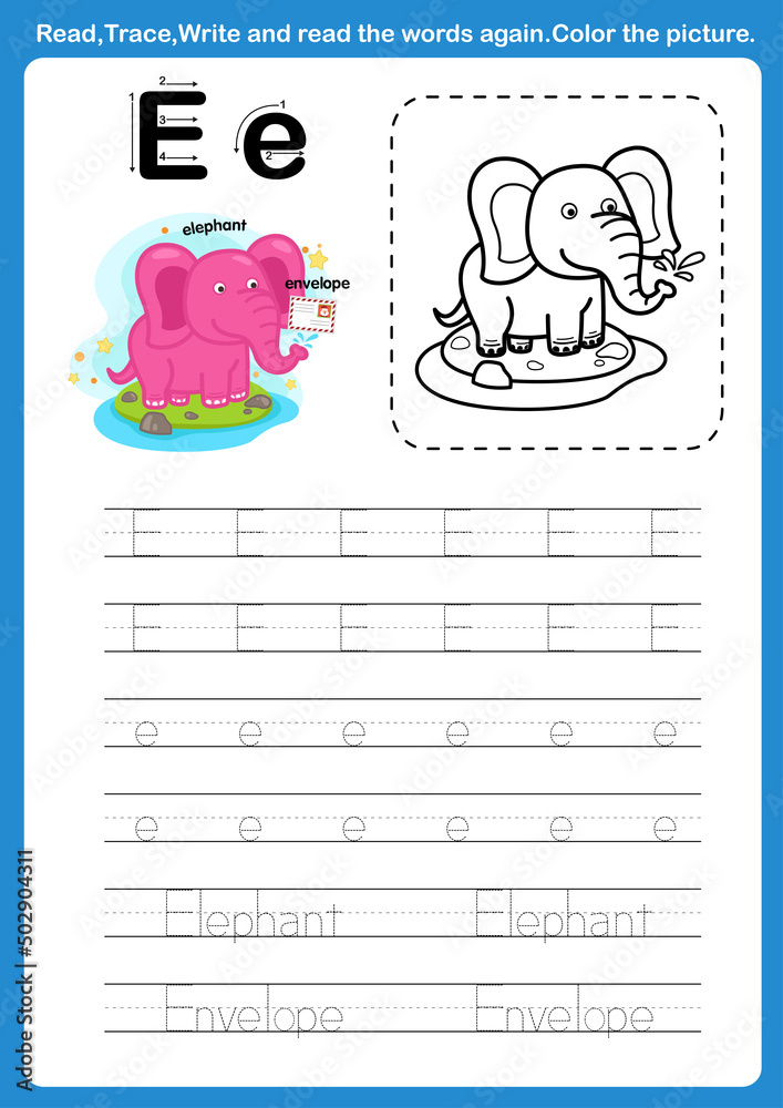 Alphabet Letter E with cartoon vocabulary for coloring book ...