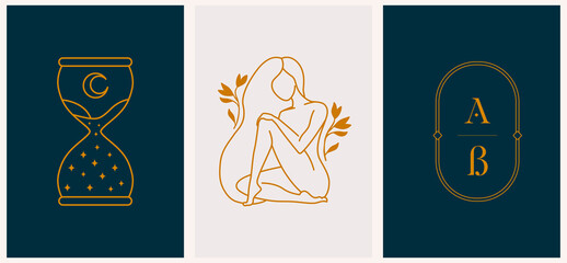 linear minimal style logos set template with beautiful esoteric women silhouette, monogram and hourg