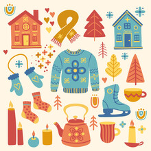 Set With House, Candle, Pullover, Socks, Branch, Skates, Gloves, Scarf, Tree, Socks, Hat, Cup, Teapot, Florals And Leaves In Scandinavian Style. Folk Art. Vector Nordic Illustrations.