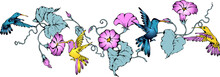 Summer Design With Flowers And Hummingbirds, Isolated  Illustration For Card, Border, Wallpaper, Poster Or Template Your Design.