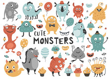 Cute Monster Set, Cartoon Character For Kids. Perfect For Nursery Greeting Card, Stickers, Invitation, T-shirt Print, Fashion Design, Kids Wear. Hand Drawn Style, Vector Illustration.