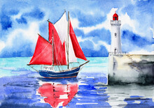 Watercolor Illustration Of A Sailboat With White And Red Sails On A Blue Sea Near A Pier With A Lighthouse