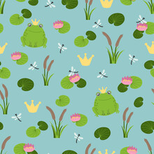 Seamless Pattern With Cartoon Cute Prince Frog And Water Lily And Dragonflies. Aquatic Decor With Green Amphibians For Textiles, Wallpaper, Paper