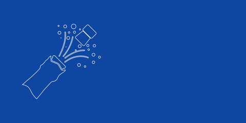 Poster - A large white outline champagne opening symbol on the left. Designed as thin white lines. Vector illustration on blue background