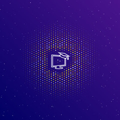 Poster - A large white contour distance learning symbol in the center, surrounded by small dots. Dots of different colors in the shape of a ball. Vector illustration on dark blue gradient background with stars