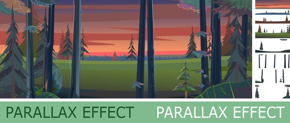 Wall Mural - lilac twilight before sunrise with parallax effect. end of night in dense pine forest. morning or ev