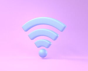 Poster - Wifi icon with blue antennas. Wireless LAN technology symbol isolated on pastel pink background. Minimal design hotspot for network connection and internet access. Realistic 3d render illustration
