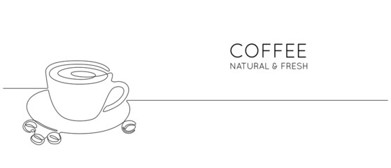 Aufkleber - Continuous one line drawing of cup drink with coffee beans. Minimalist icon concept for cafe menu or logo and web banner in simple linear style. Editable stroke. Doodle Vector illustration