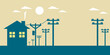 Electric poles power transmit electricity to city home with sun and clouds with copy space blue icon on brown background banner flat vector design.
