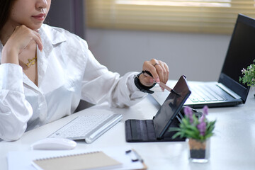 Poster - Businesswoman or student female using laptop at home, online study, internet marketing, working from home, office workspace freelance concept