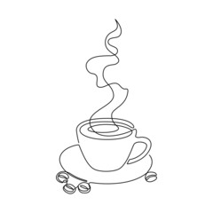 Wall Mural - Cup coffee with aroma smoke in One continuous line drawing. Minimalist contour symbol concept tea mug for cafe menu and web banner in simple linear style. Editable stroke. Doodle Vector illustration