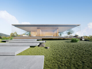 Wall Mural - 3d rendering of modern concrete house with large glass window.