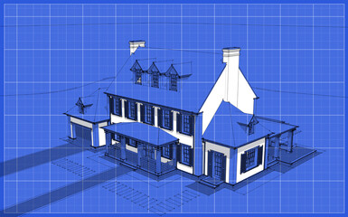 Wall Mural - 3d rendering of modern cozy classic house in colonial style with garage and pool for sale or rent with beautiful landscaping on background. Black line sketch with white spot and blueprint background