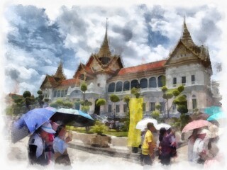 Landscape of ancient architecture and ancient art in the Grand Palace, Wat Phra Kaew Bangkok watercolor style illustration impressionist painting.