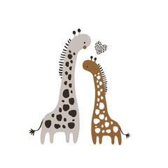 Wall Mural - Cute couple of giraffes. Two Cartoon baby giraffes character isolated on white vector illustration .Ready design for greeting card, posters, apparel