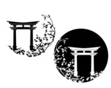 Fototapeta  - japanese shinto temple torii gate entrance among sakura blossom branches - elegant asian black and white vector circle design