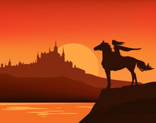 Fantasy Scene With Sunset Sky, Lake Shore, Medieval Castle Silhouette And Runaway Princess Riding Horse - Fairy Tale Vector Copy Space Background