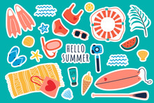 Summer Vacation Object Set. Swimwear, Lifebuoy, Isecream, Diving Flippers And Mask, Watermelon And Sunglasses In Flat Style Isolated On White Background. Vector Illustration, Clipart, Cartoon.