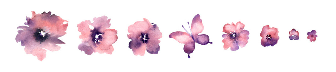 Flowers in a bouquet,purple watercolor set of purple flowers and butterfly