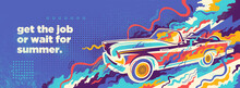 Summer Background Design In Abstract Style With Retro Convertible And Colorful Splashing Shapes. Vector Illustration.